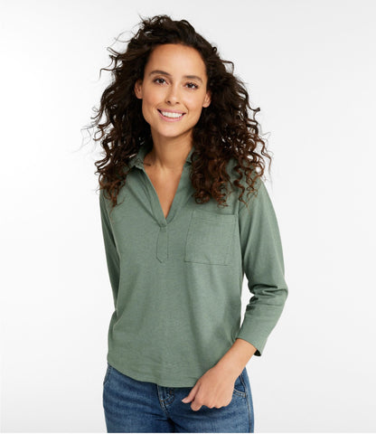 L.L.Bean Women's Lakeside Linen/Cotton Tee, Three-Quarter-Sleeve Splitneck Polo Classic Navy