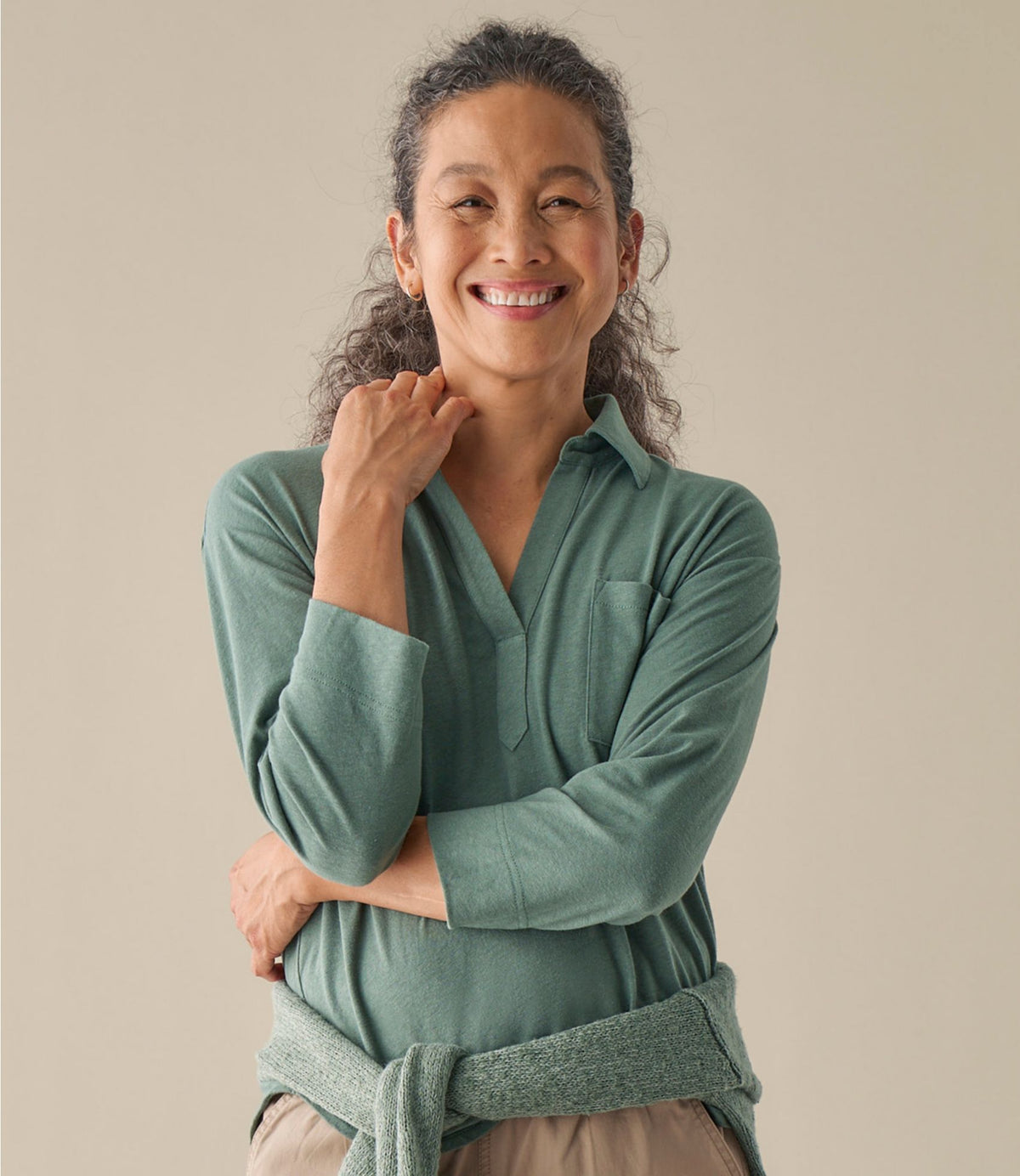 L.L.Bean Women's Lakeside Linen/Cotton Tee, Three-Quarter-Sleeve Splitneck Polo Classic Navy