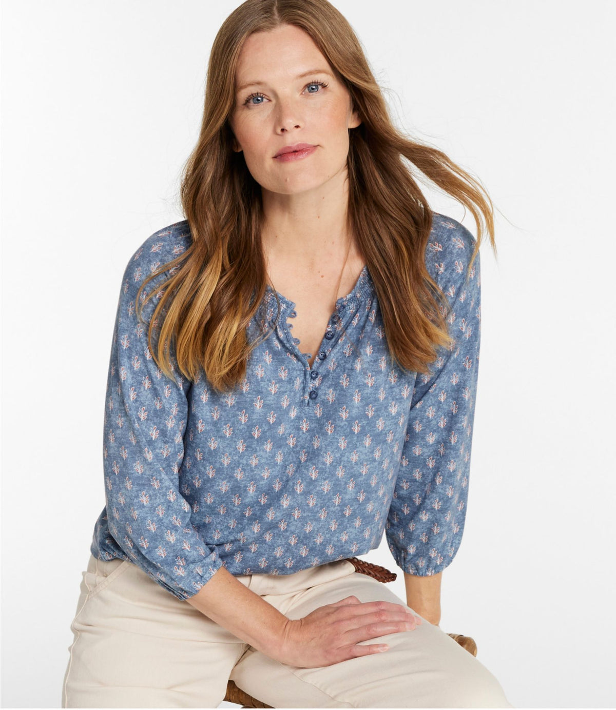 L.L.Bean Women's Camden Hills Tee, Three-Quarter-Sleeve Print Indigo Sunwashed Batik