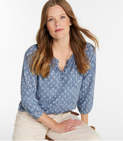 L.L.Bean Women's Camden Hills Tee, Three-Quarter-Sleeve Print Indigo Sunwashed Batik
