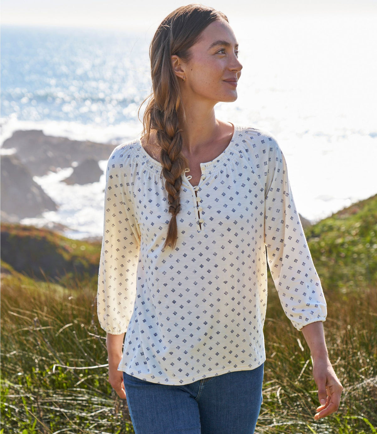 L.L.Bean Women's Camden Hills Tee, Three-Quarter-Sleeve Print Indigo Sunwashed Batik