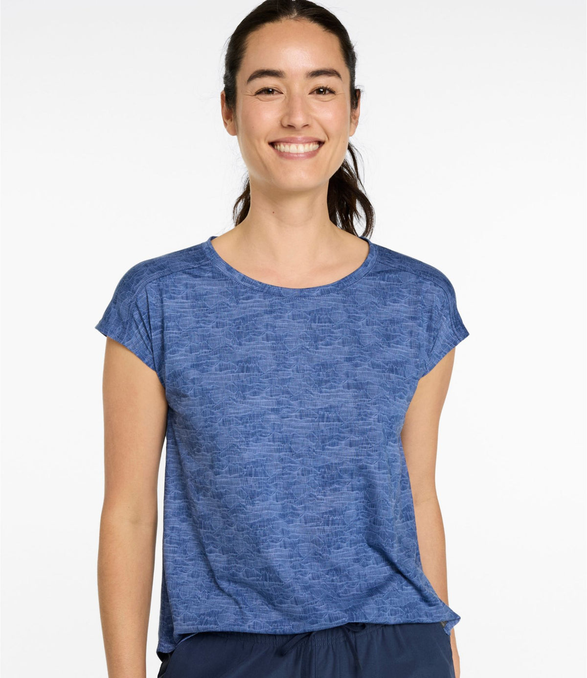L.L.Bean Women's Streamside Tee, Short-Sleeve Ruched Crew Print Faded Sage Mountain