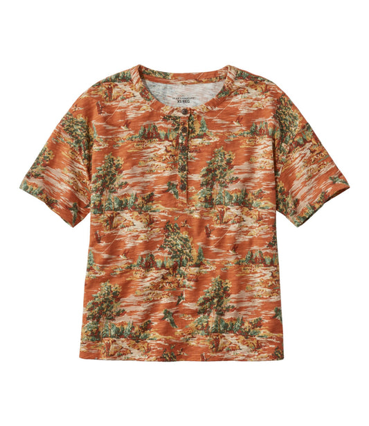 L.L.Bean Women's Signature Slub Tee, Short-Sleeve Henley Novelty Faded Orange Vintage Scenic