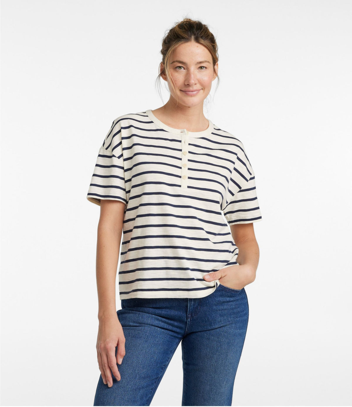 L.L.Bean Women's Signature Slub Tee, Short-Sleeve Henley Novelty Faded Orange Vintage Scenic
