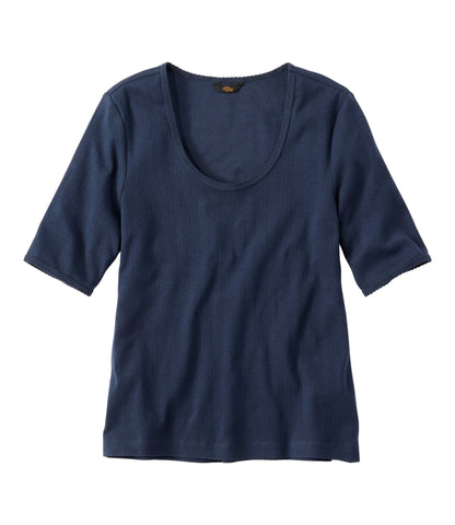 L.L.Bean Women's Signature Premium Essential Pointelle Tee, Elbow-Sleeve Scoopneck Classic Navy