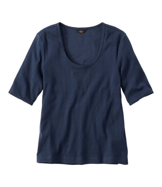 L.L.Bean Women's Signature Premium Essential Pointelle Tee, Elbow-Sleeve Scoopneck Classic Navy