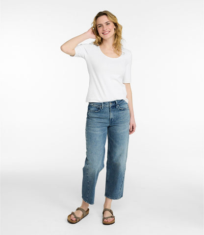 L.L.Bean Women's Signature Premium Essential Pointelle Tee, Elbow-Sleeve Scoopneck Classic Navy