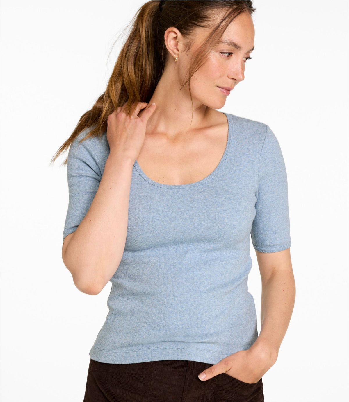 L.L.Bean Women's Signature Premium Essential Pointelle Tee, Elbow-Sleeve Scoopneck Classic Navy