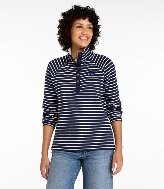 L.L.Bean Women's Lakewashed Double-Knit Quarter-Snap, Stripe Classic Navy/Sea Salt