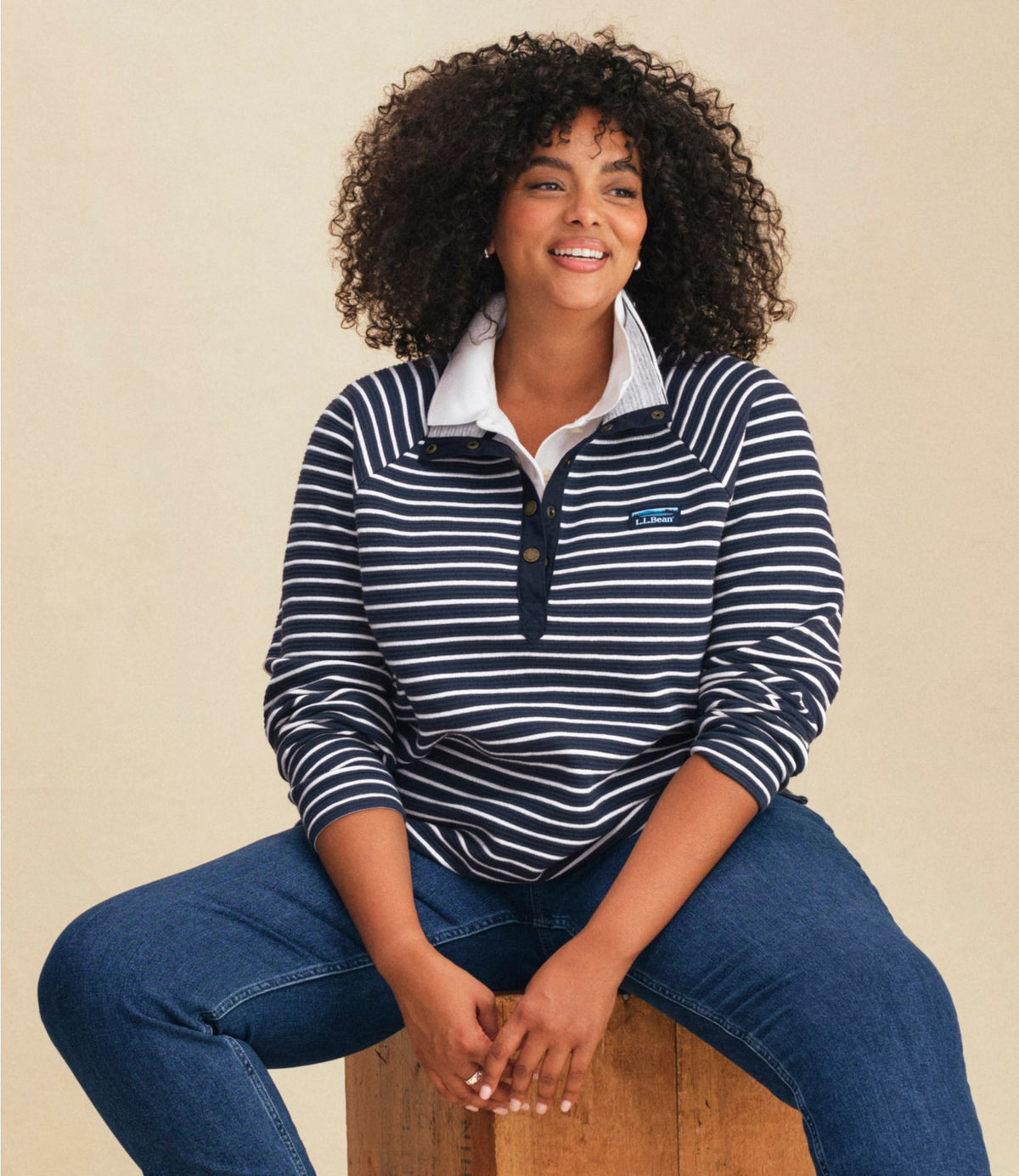 L.L.Bean Women's Lakewashed Double-Knit Quarter-Snap, Stripe Classic Navy/Sea Salt