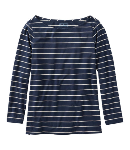L.L.Bean Women's Soft Stretch Supima-Blend Tee, Boatneck Bracelet-Sleeve Stripe Classic Navy/Cream