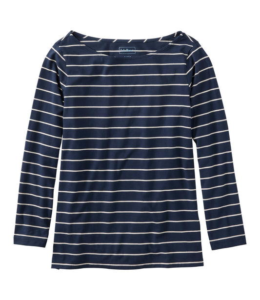 L.L.Bean Women's Soft Stretch Supima-Blend Tee, Boatneck Bracelet-Sleeve Stripe Classic Navy/Cream