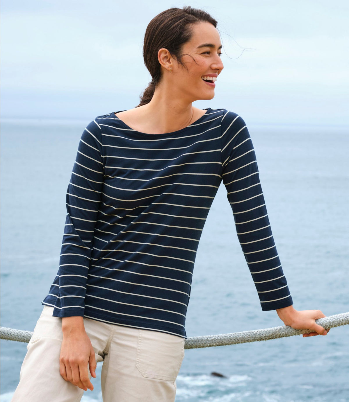 L.L.Bean Women's Soft Stretch Supima-Blend Tee, Boatneck Bracelet-Sleeve Stripe Classic Navy/Cream