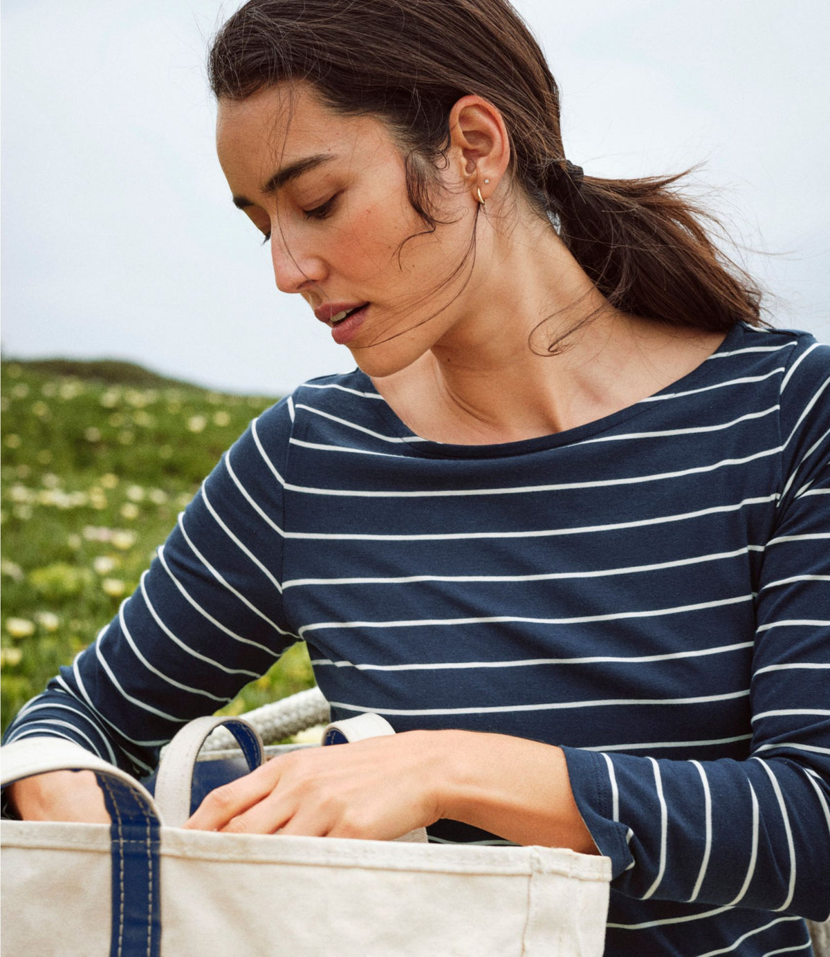 L.L.Bean Women's Soft Stretch Supima-Blend Tee, Boatneck Bracelet-Sleeve Stripe Classic Navy/Cream