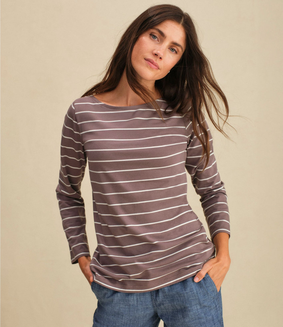 L.L.Bean Women's Soft Stretch Supima-Blend Tee, Boatneck Bracelet-Sleeve Stripe Classic Navy/Cream