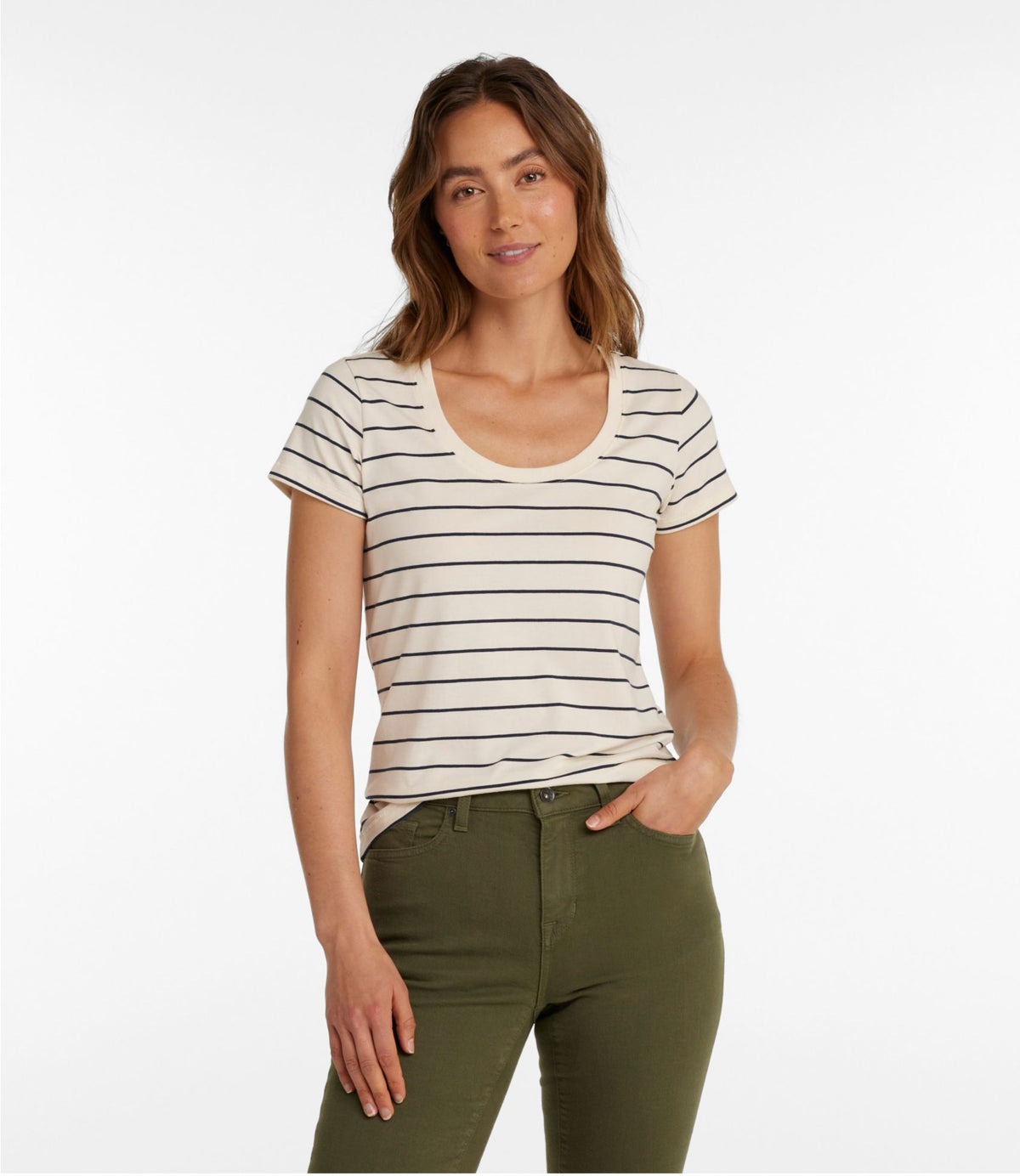 L.L.Bean Women's Soft Stretch Supima-Blend Tee, Scoopneck Short-Sleeve Stripe Sailcloth/Classic Navy