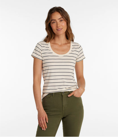 L.L.Bean Women's Soft Stretch Supima-Blend Tee, Scoopneck Short-Sleeve Stripe Sailcloth/Classic Navy