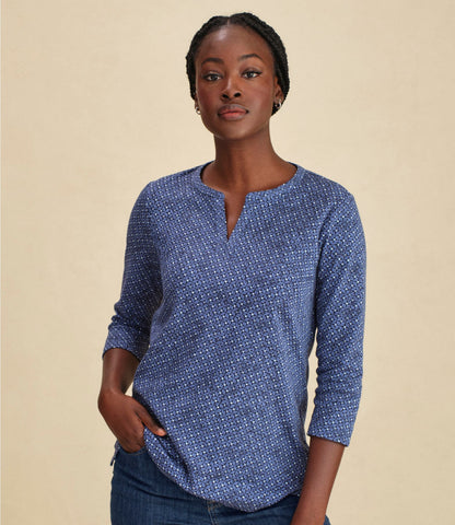 L.L.Bean Women's L.L.Bean Tee, Three-Quarter-Sleeve Splitneck Tunic Print Deep Lake Diamond Dot