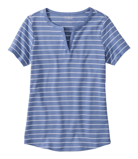 L.L.Bean Women's L.L.Bean Tee, Short-Sleeve Notch-Neck Stripe Deep Lake/Sea Salt