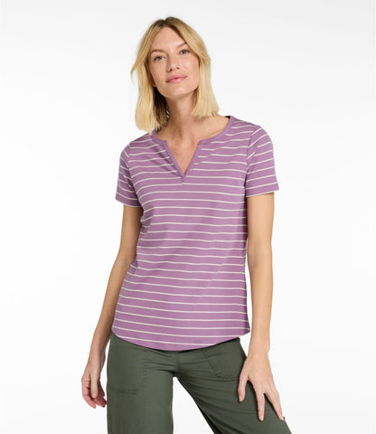 L.L.Bean Women's L.L.Bean Tee, Short-Sleeve Notch-Neck Stripe Deep Lake/Sea Salt