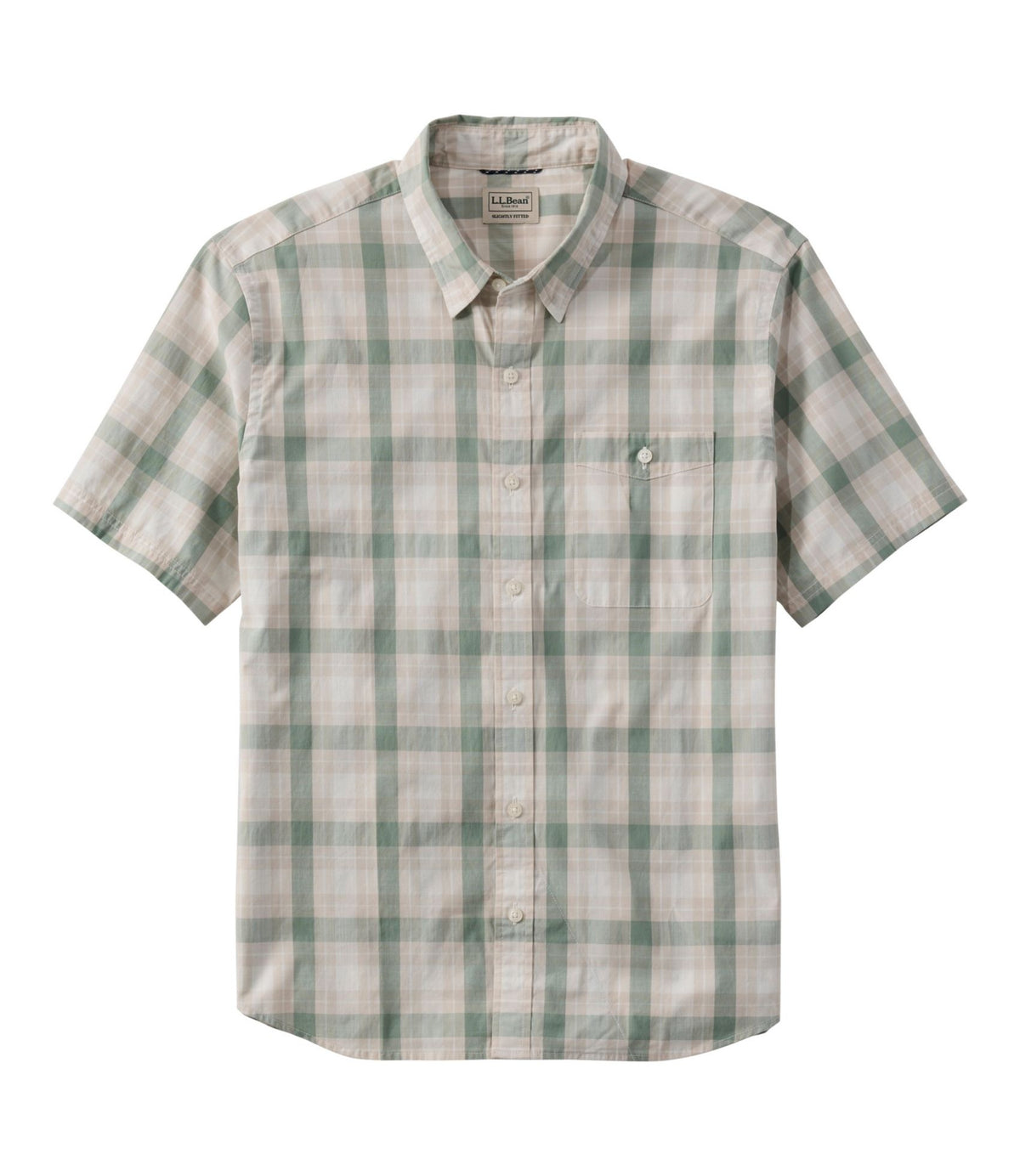 L.L.Bean Men's Comfort Stretch Performance® Chambray Shirt, Short-Sleeve, Slightly Fitted Untucked Fit, Plaid Faded Sage