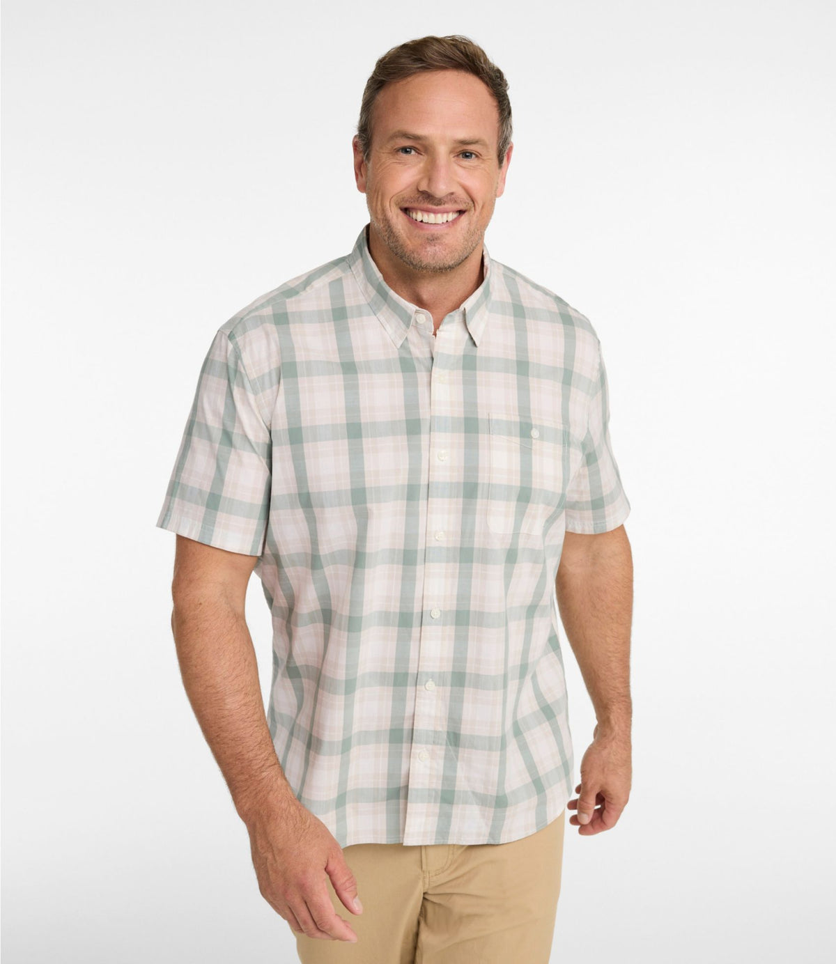 L.L.Bean Men's Comfort Stretch Performance® Chambray Shirt, Short-Sleeve, Slightly Fitted Untucked Fit, Plaid Faded Sage