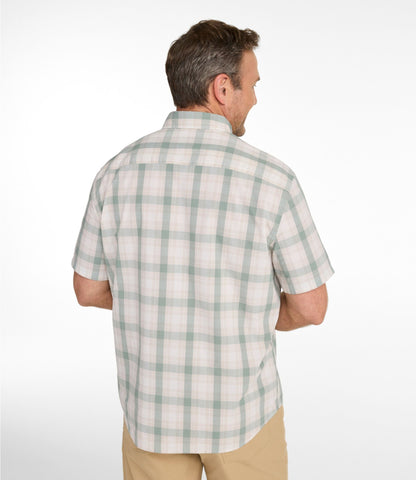 L.L.Bean Men's Comfort Stretch Performance® Chambray Shirt, Short-Sleeve, Slightly Fitted Untucked Fit, Plaid Faded Sage