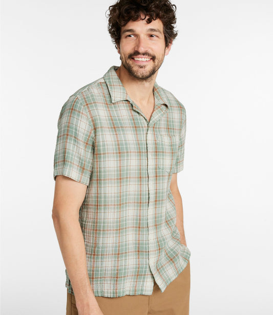 L.L.Bean Men's Cloud Gauze Shirt, Short-Sleeve, Slightly Fitted Untucked Fit, Plaid Faded Orange