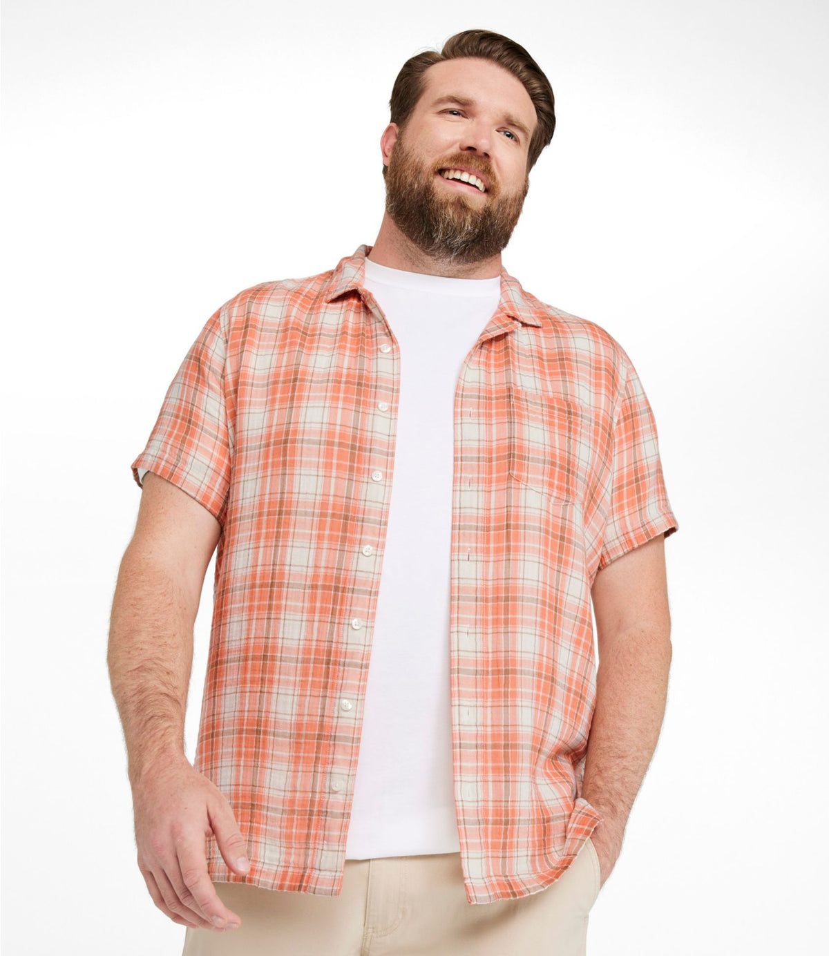 L.L.Bean Men's Cloud Gauze Shirt, Short-Sleeve, Slightly Fitted Untucked Fit, Plaid Faded Orange