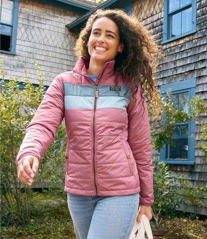 L.L.Bean Women's Mountain Classic Puffer Jacket, Colorblock Shore/Paperwhite