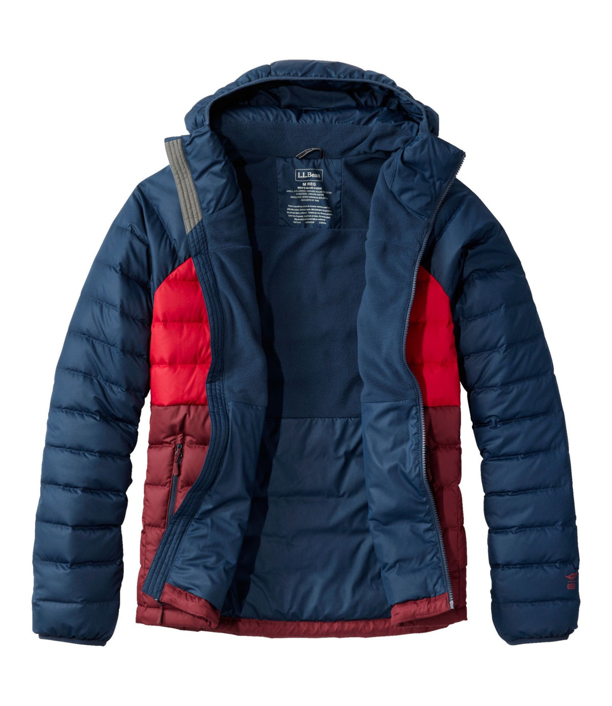 L.L.Bean Men's Bean's Down Hooded Jacket, Colorblock Burgundy/Nautical Navy