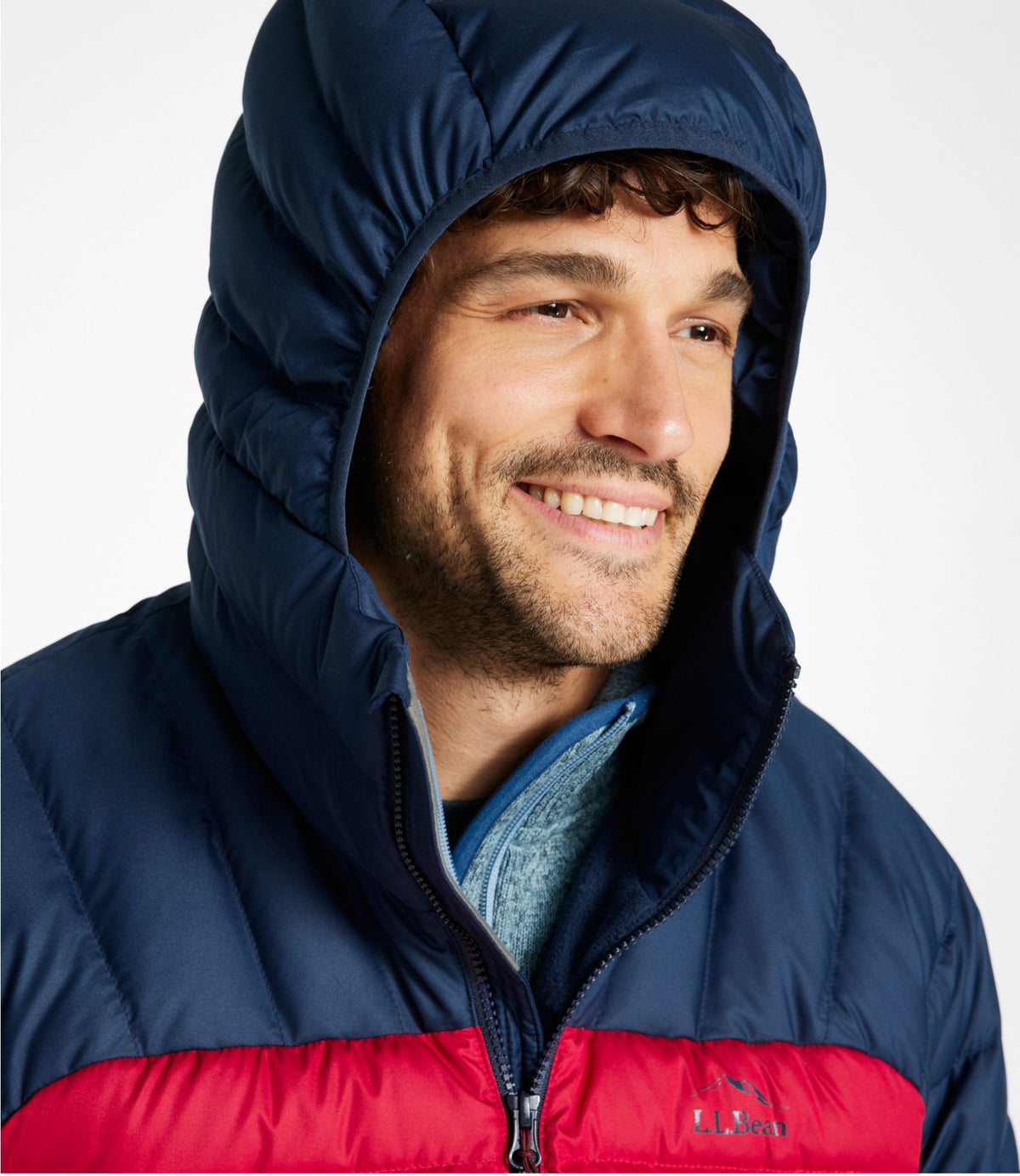 L.L.Bean Men's Bean's Down Hooded Jacket, Colorblock Burgundy/Nautical Navy
