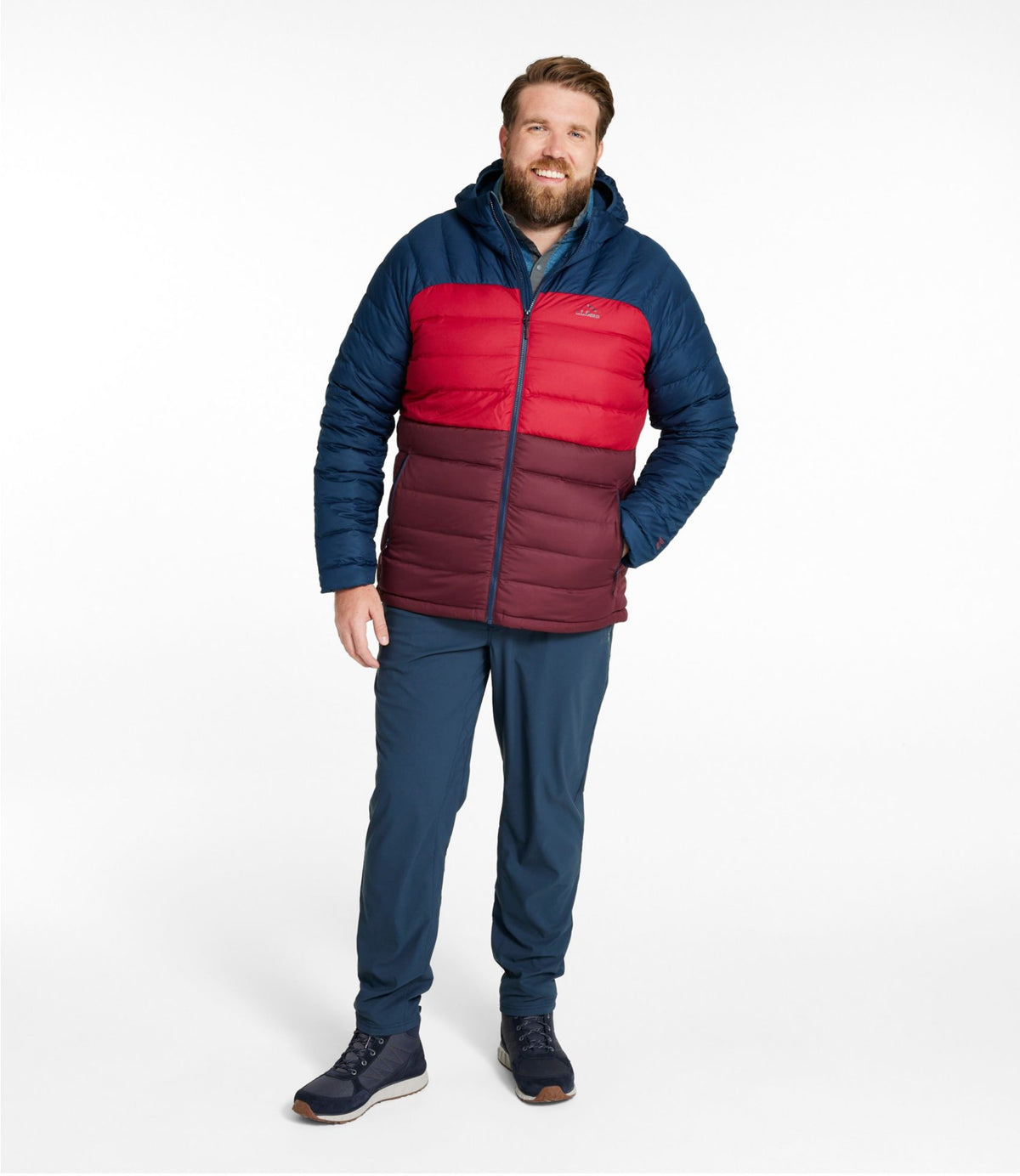 L.L.Bean Men's Bean's Down Hooded Jacket, Colorblock Burgundy/Nautical Navy