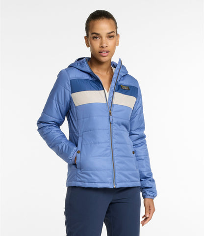 L.L.Bean Women's Mountain Classic Puffer Hooded Jacket, Colorblock Deep Lake/Deep Blue