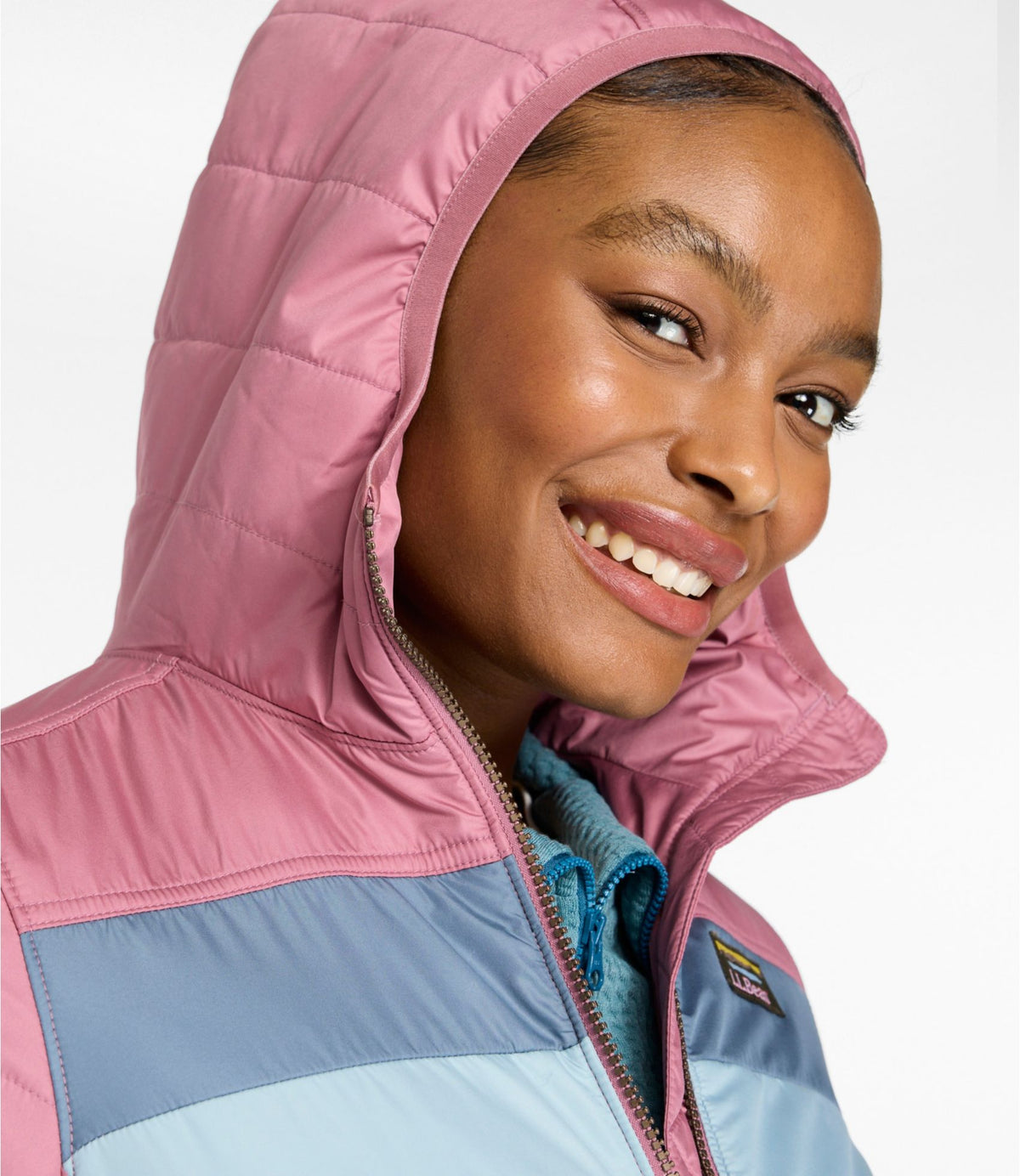 L.L.Bean Women's Mountain Classic Puffer Hooded Jacket, Colorblock Deep Lake/Deep Blue