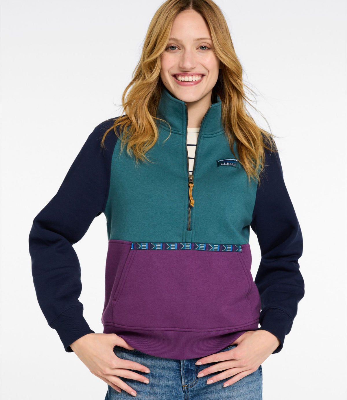 L.L.Bean Women's Mountain Classic Sweatshirt, Half-Zip Colorblock Classic Navy/Shade Teal/Wood Violet