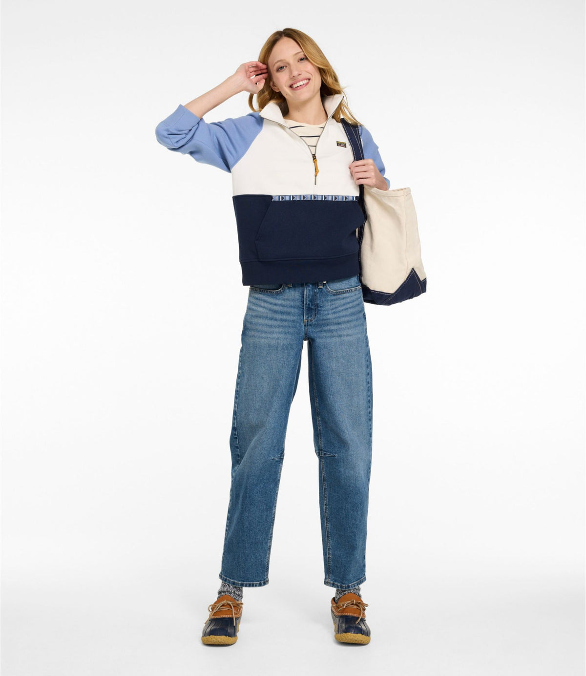 L.L.Bean Women's Mountain Classic Sweatshirt, Half-Zip Colorblock Classic Navy/Shade Teal/Wood Violet