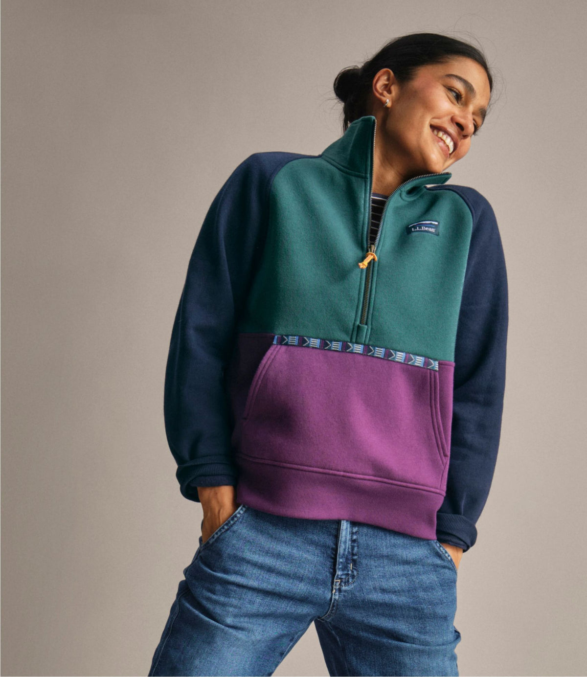 L.L.Bean Women's Mountain Classic Sweatshirt, Half-Zip Colorblock Classic Navy/Shade Teal/Wood Violet