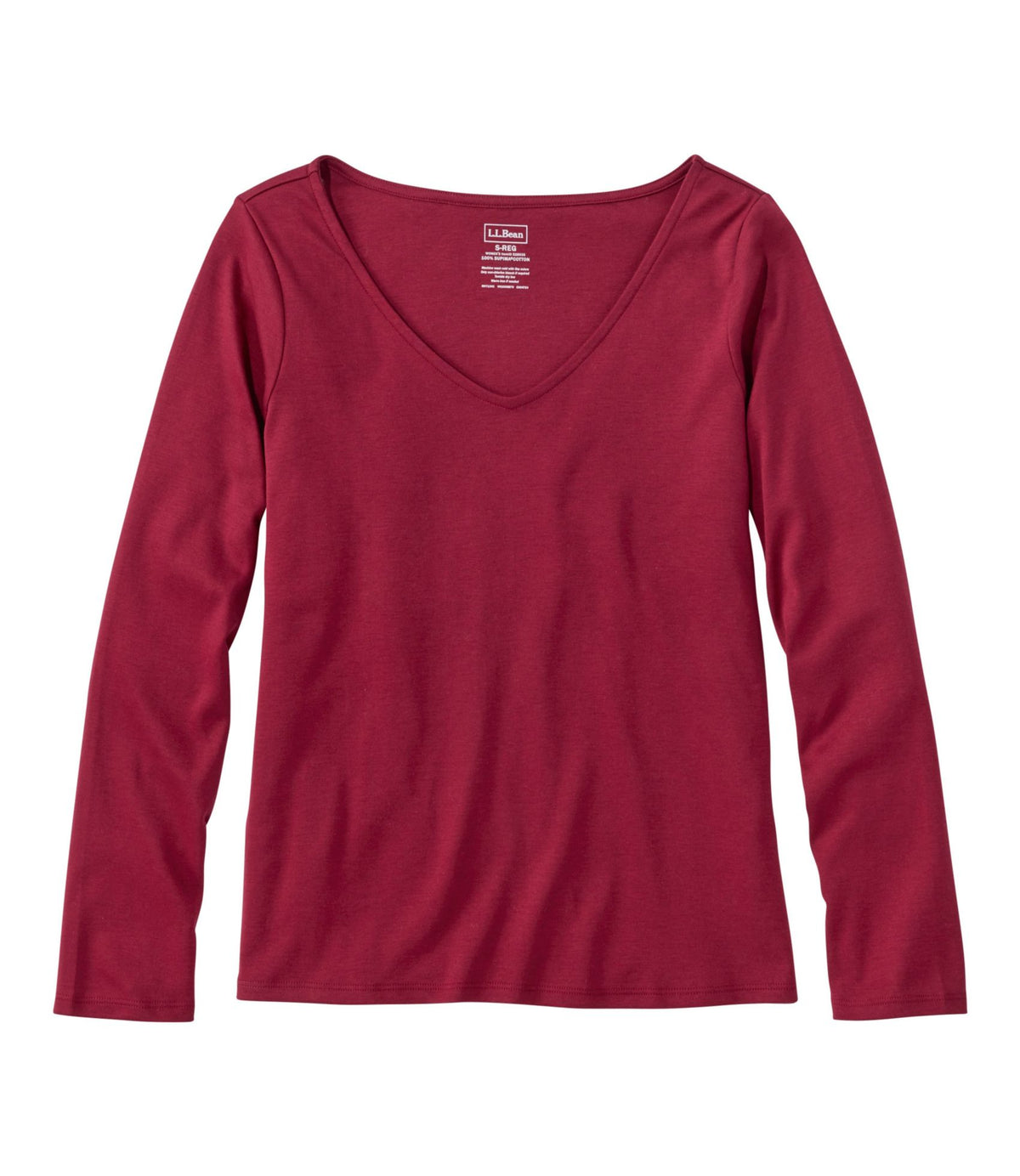 L.L.Bean Women's Pima Cotton Tee, Long-Sleeve Open V-Neck Bordeaux