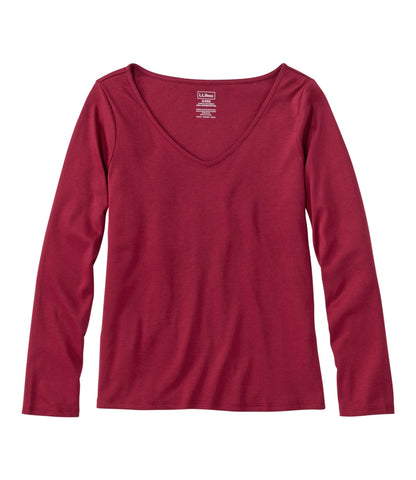 L.L.Bean Women's Pima Cotton Tee, Long-Sleeve Open V-Neck Bordeaux