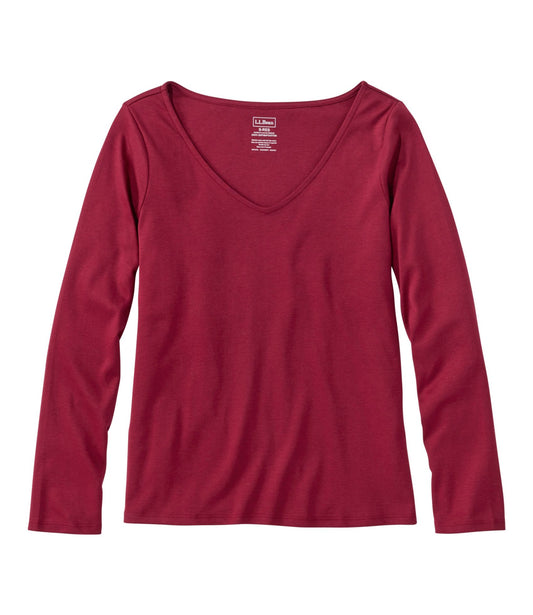 L.L.Bean Women's Pima Cotton Tee, Long-Sleeve Open V-Neck Bordeaux