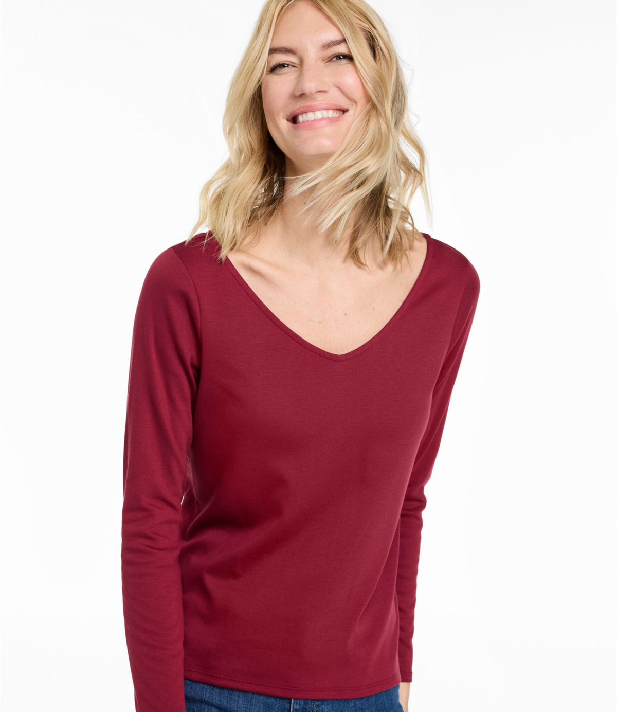 L.L.Bean Women's Pima Cotton Tee, Long-Sleeve Open V-Neck Bordeaux