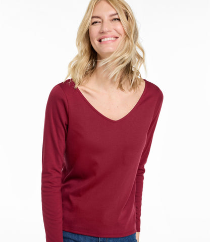 L.L.Bean Women's Pima Cotton Tee, Long-Sleeve Open V-Neck Bordeaux