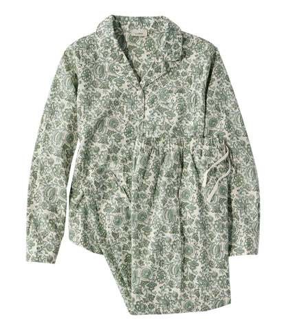 L.L.Bean Women's Bean's Poplin Pajama Set Faded Sage Batik Floral Print