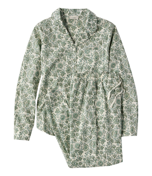 L.L.Bean Women's Bean's Poplin Pajama Set Faded Sage Batik Floral Print