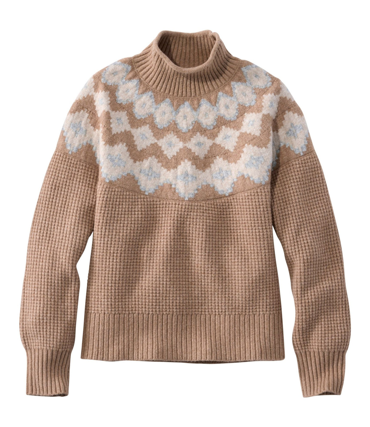 L.L.Bean Women's Supersoft Waffle Sweater, Mockneck Fair Isle Camel Heather Fair Isle