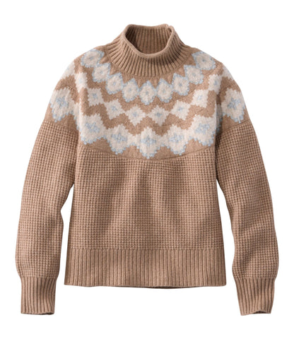 L.L.Bean Women's Supersoft Waffle Sweater, Mockneck Fair Isle Camel Heather Fair Isle