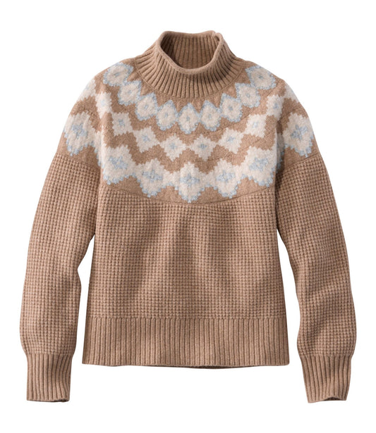 L.L.Bean Women's Supersoft Waffle Sweater, Mockneck Fair Isle Camel Heather Fair Isle