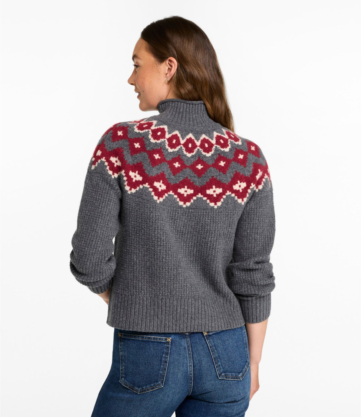 L.L.Bean Women's Supersoft Waffle Sweater, Mockneck Fair Isle Camel Heather Fair Isle