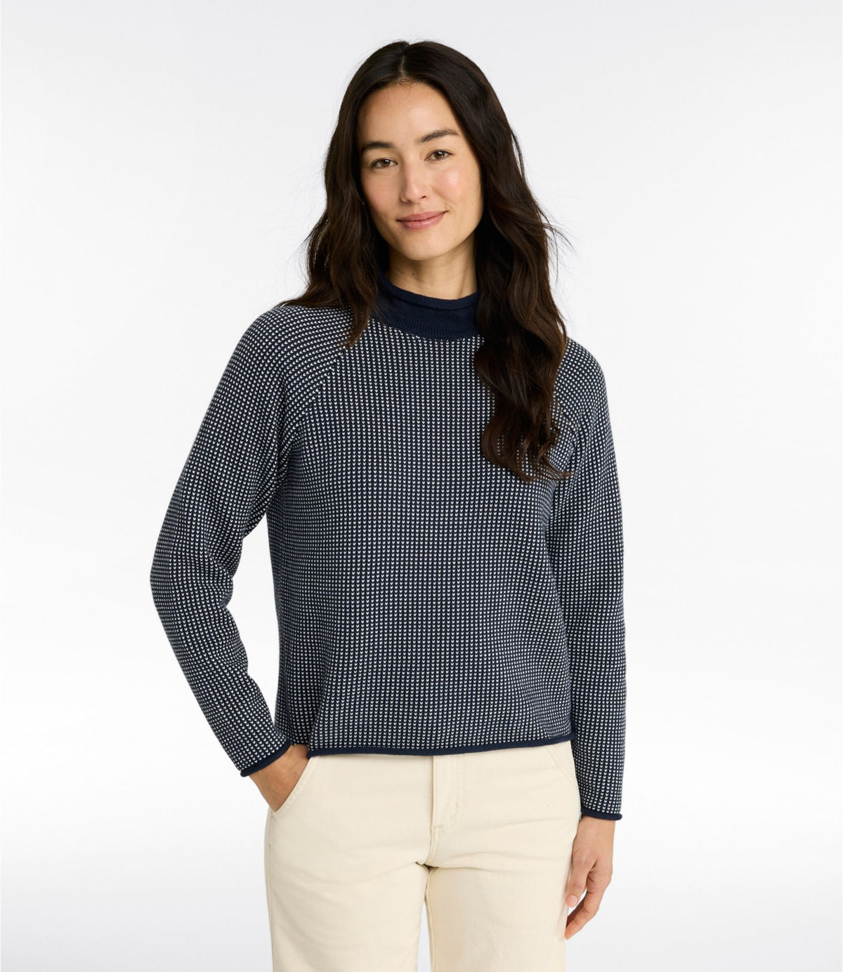 L.L.Bean Women's The Original Double L® Sweater, Rollneck Bird's-Eye Classic Navy/Sea Salt Birdseye